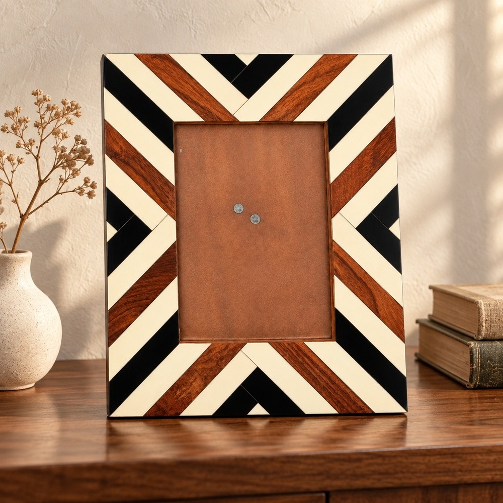Handcrafted Geometric Bone Inlay Wood Picture Frame Black Cream Brown Chevron